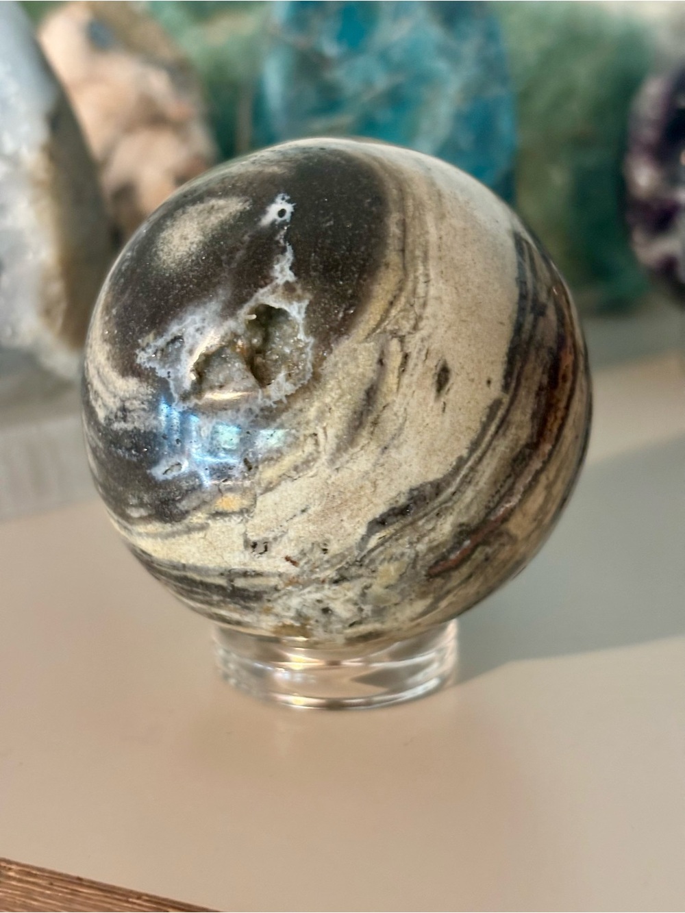 Zebra Ocean Jasper Crystal Sphere with Druzy Quartz, comes with stand, 300g